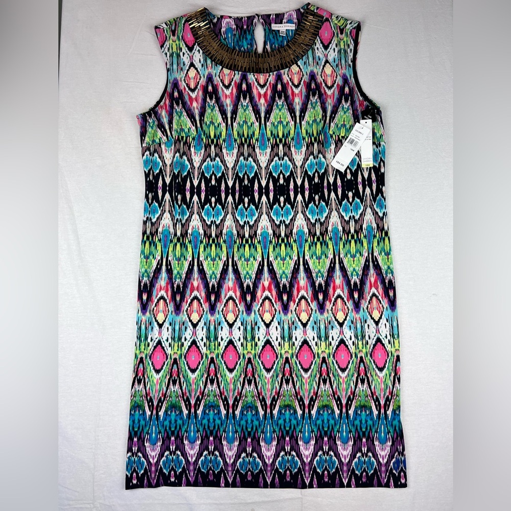 Sandra Darren 18W Multicolored Sleeveless Dress Gold/brass Accent Collar NWT